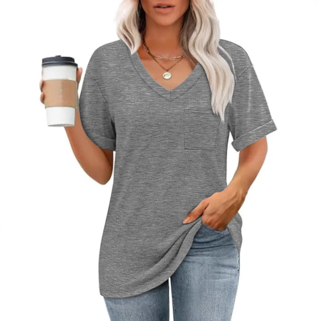 Grey loose-fit V-neck short sleeve t-shirt with a chest pocket on a solid background