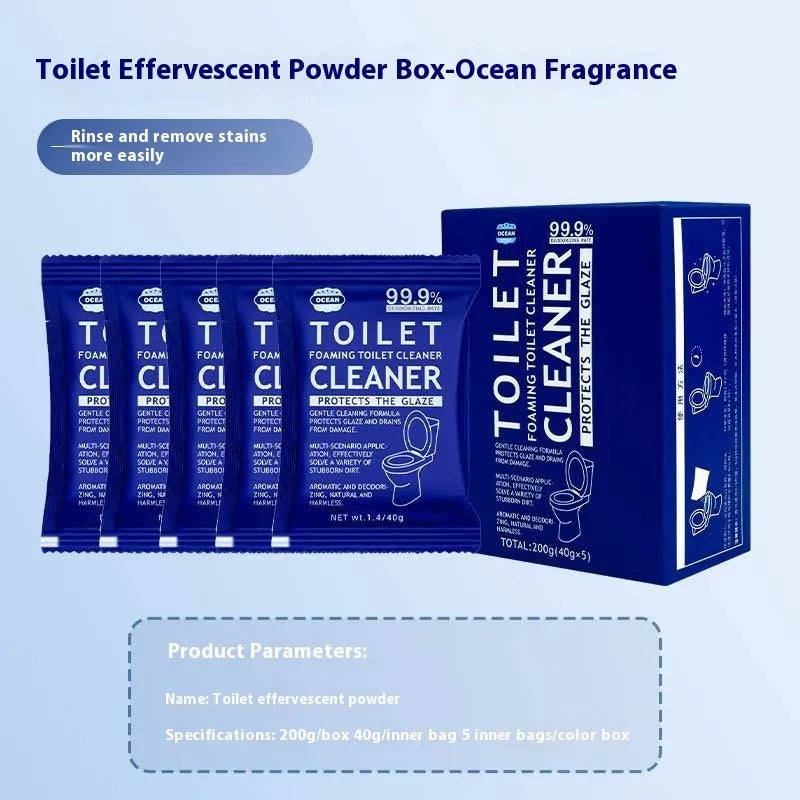 Toilet bubble cleaning powder package in blue or pink fragrance variant, showing 240g bag or box of 5 sachets.