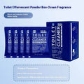 Toilet bubble cleaning powder package in blue or pink fragrance variant, showing 240g bag or box of 5 sachets.
