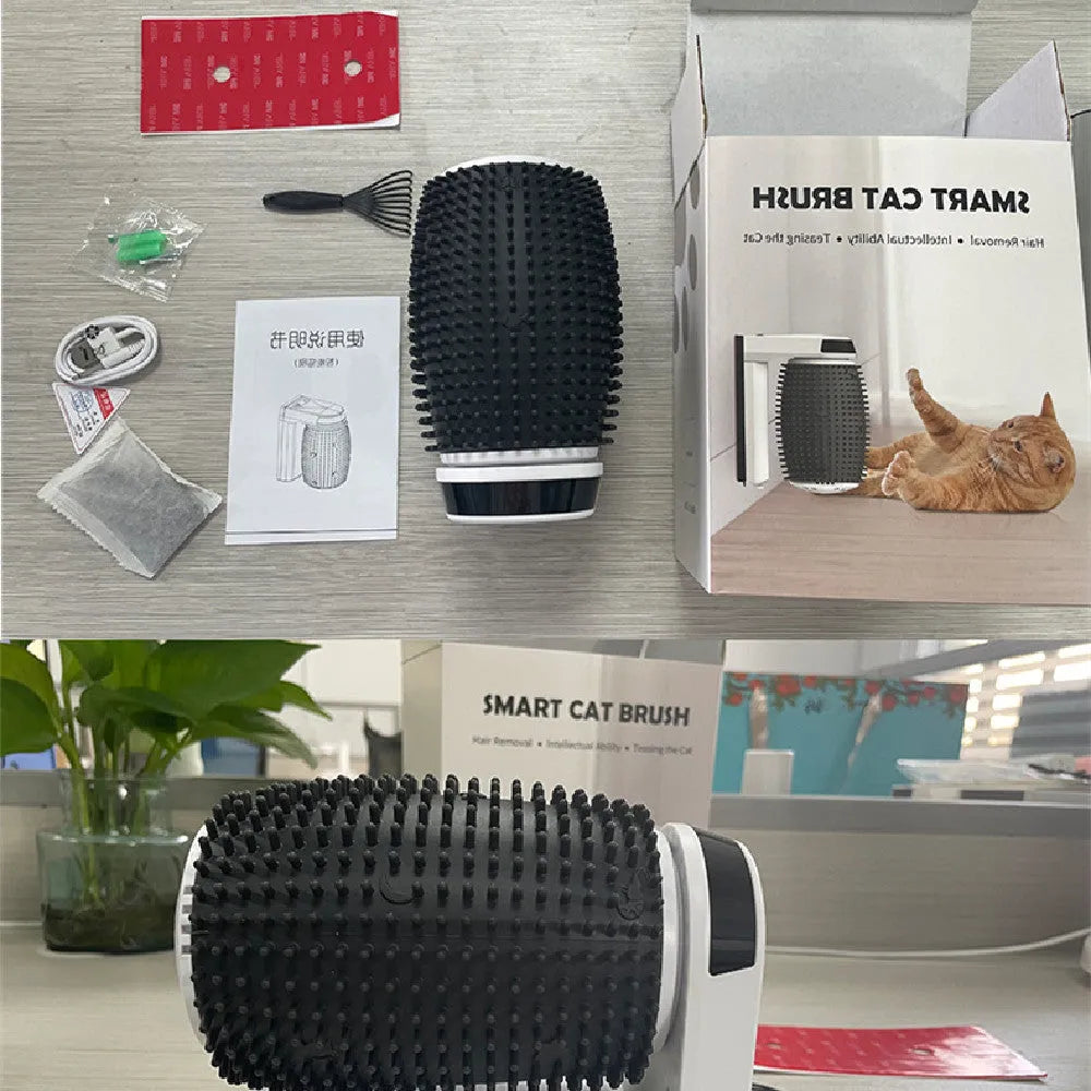 White automatic cat self groomer wall corner brush with USB cable and soft bristles