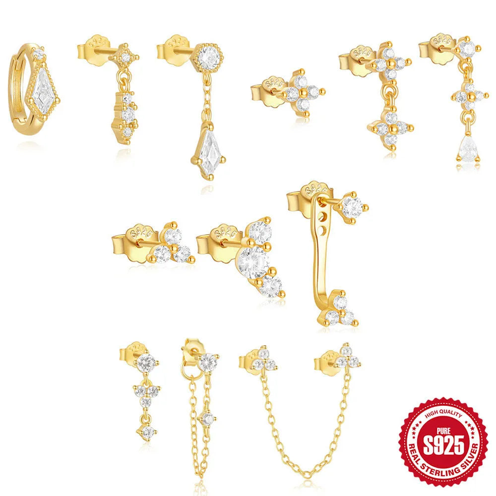S925 sterling silver geometric zircon tassel earrings set on a plain background.