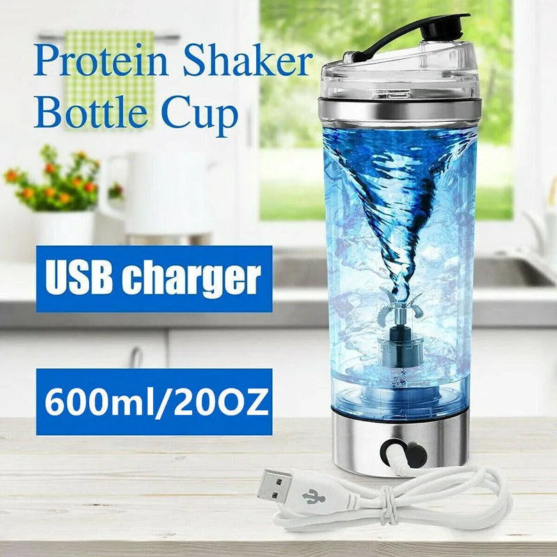 Stainless steel colour USB rechargeable electric shaker bottle with 600ml capacity.