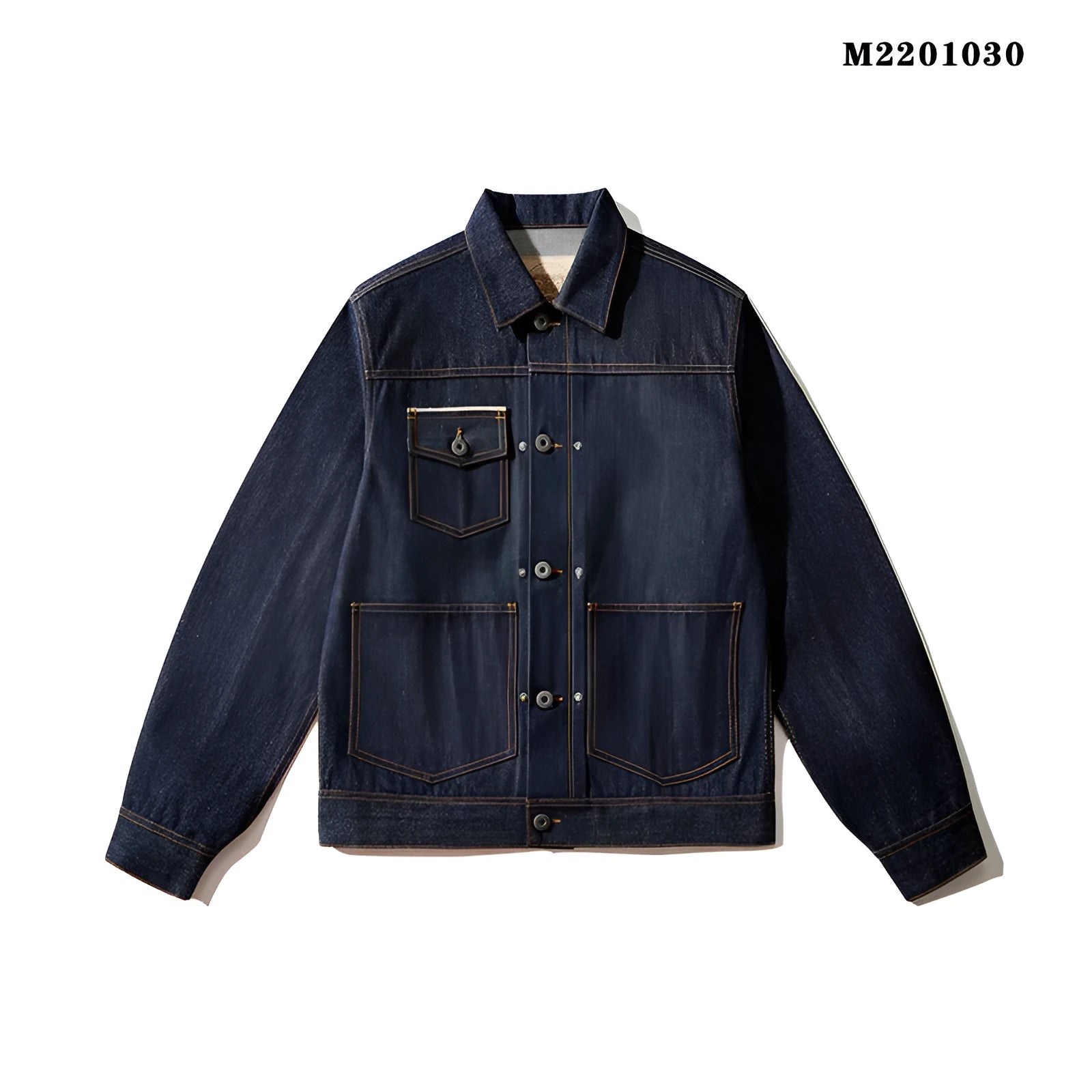 Men's Japanese retro loose jacket in raw pulp colour with red edge detailing and patch pockets
