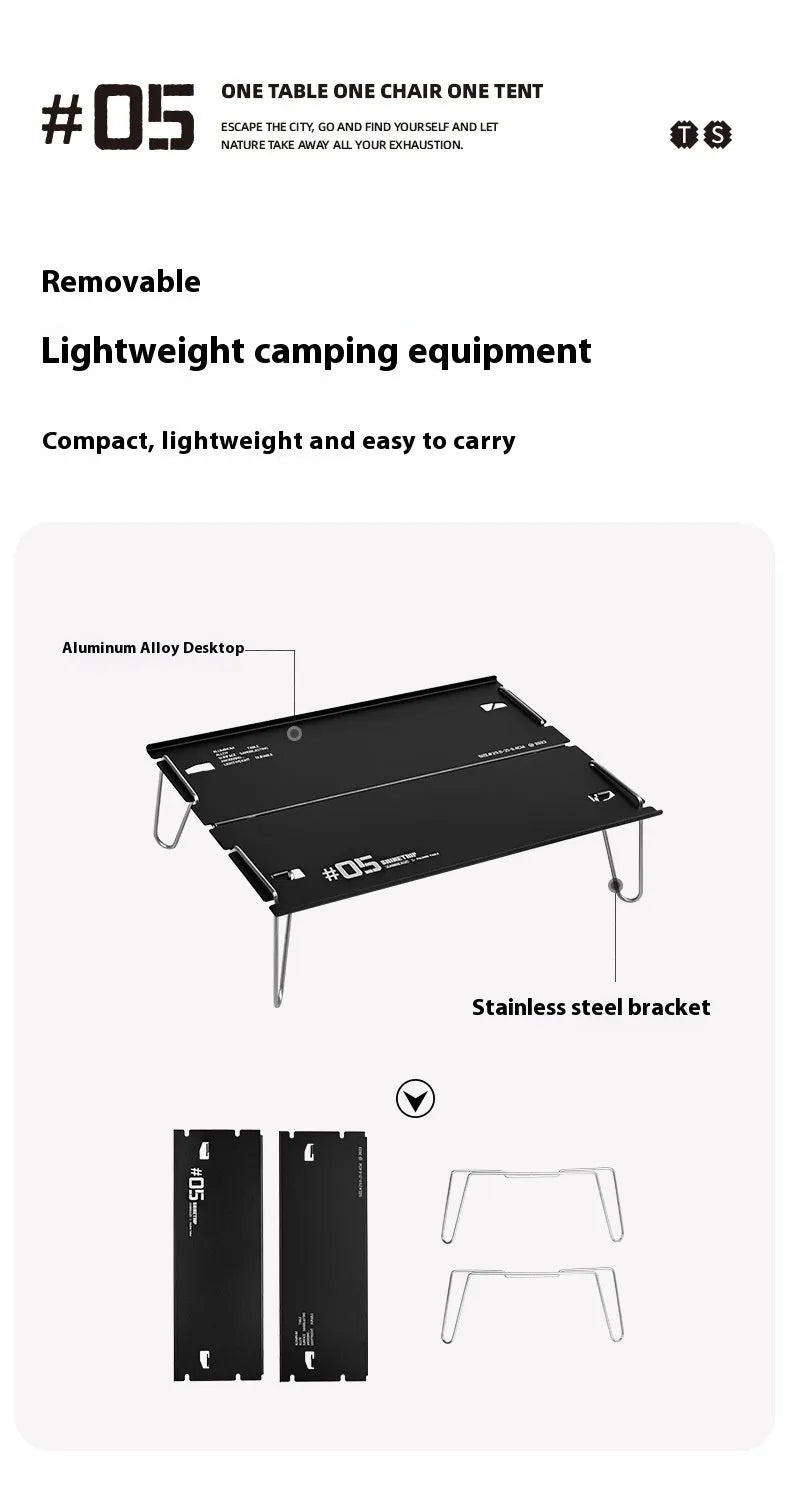 Outdoor 05 Series aluminium alloy folding table shown folded and unfolded in black and grey colours.