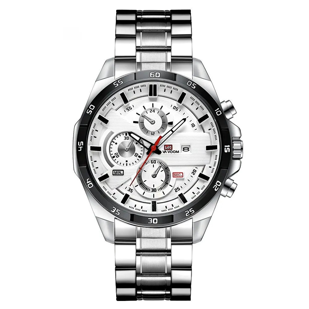 Men's black leather strap watch with rose gold case and calendar window on dial.