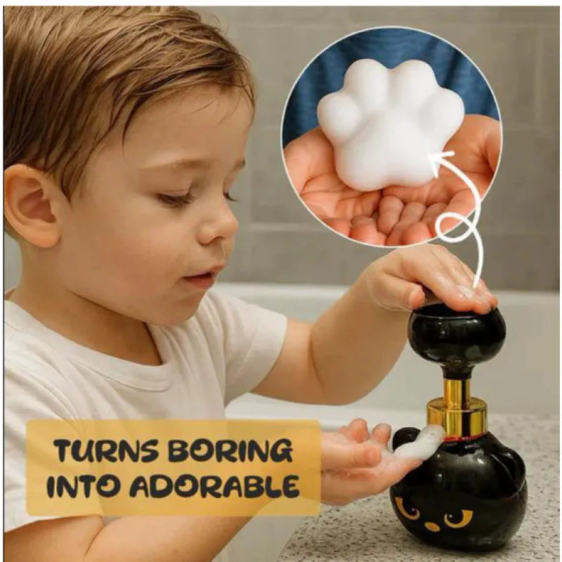 Black cat-shaped cartoon foam soap dispenser with plastic construction