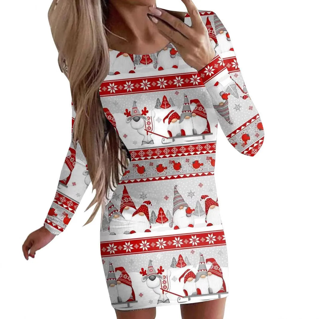 Women's tight-fitting Christmas dress with floral print, round neck, long sleeves, and short hip skirt.