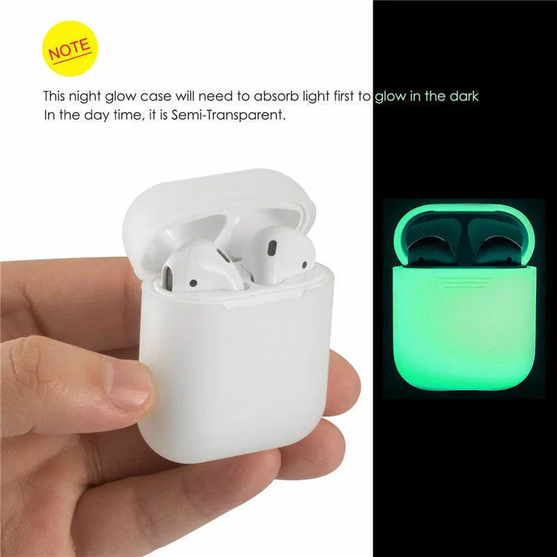 Glow-in-the-dark silicone flip-top protective case for Apple AirPods on a dark background.