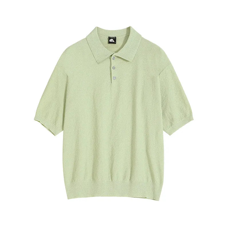 Retro loose-fit knitted polo shirt for men in caramel colour, showing asymmetric design and short sleeves.