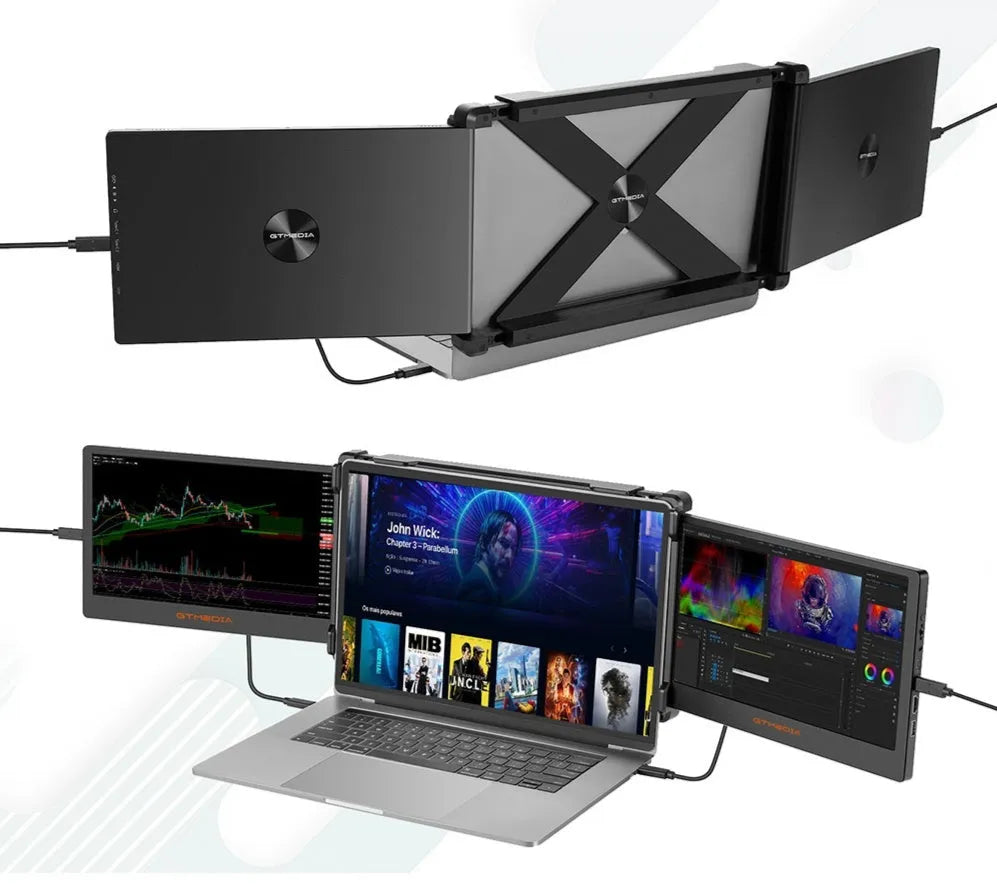 Black portable monitor display screen with HDMI and USB-C cables for laptop and phone dual screen use