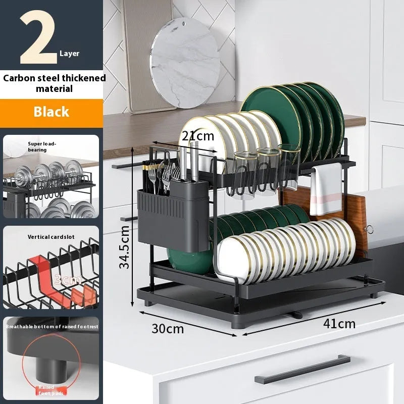 White double-layer kitchen storage rack with removable draining feature on a countertop.