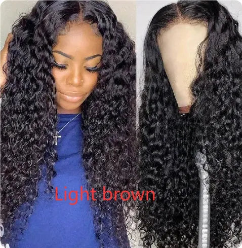 Front lace synthetic wig in black with long curly hair and side bangs, natural look