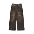 Men's distressed baggy straight jeans in rust colour denim with zipper fly