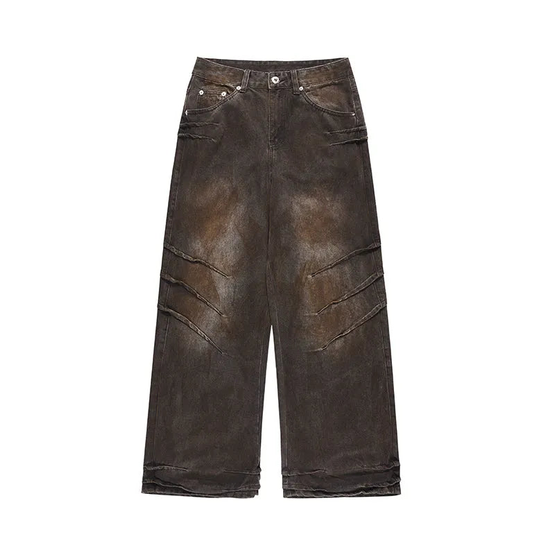Men's distressed baggy straight jeans in rust colour denim with zipper fly