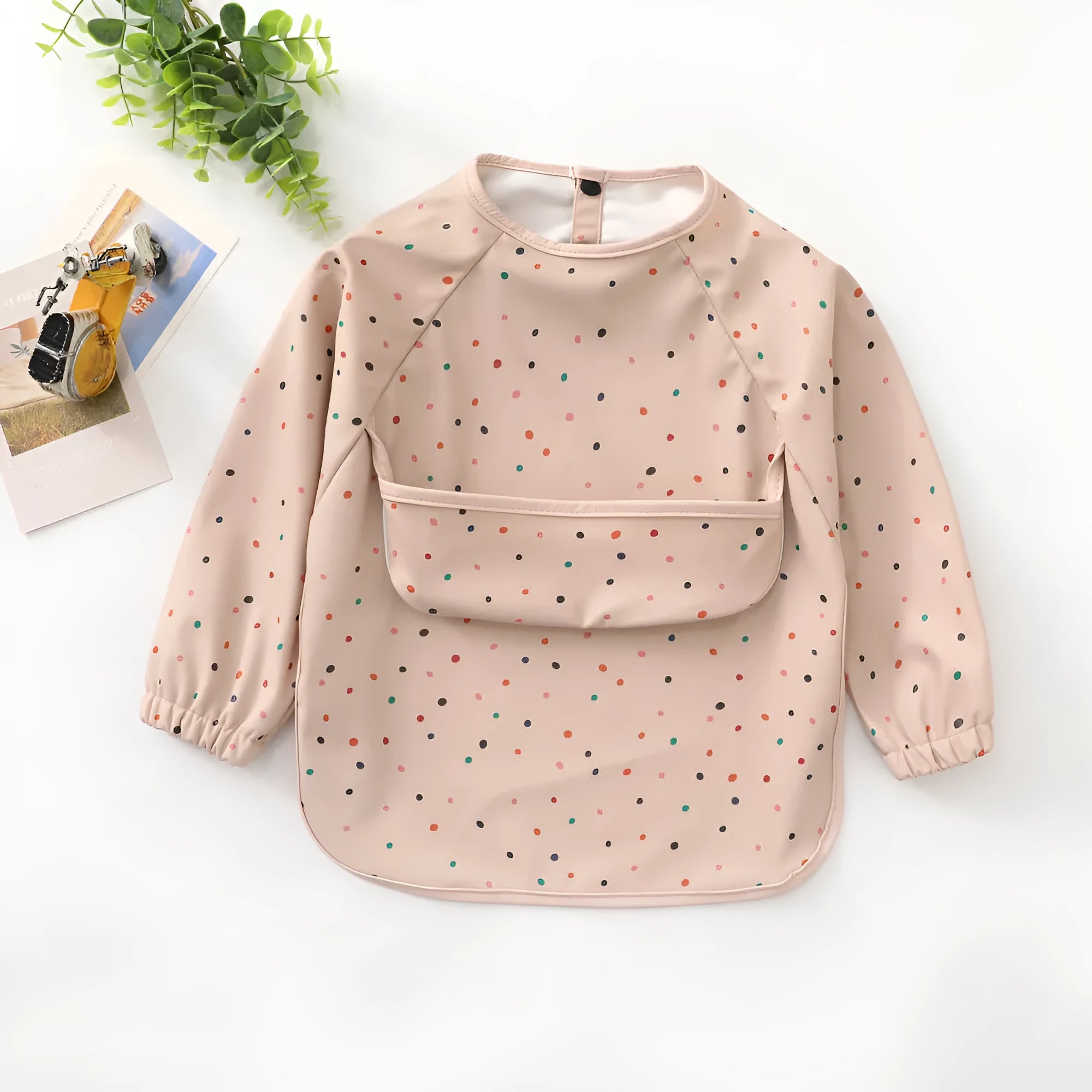 Children's long-sleeved PU upper pocket bib with cartoon pattern, pink dot colour, size S