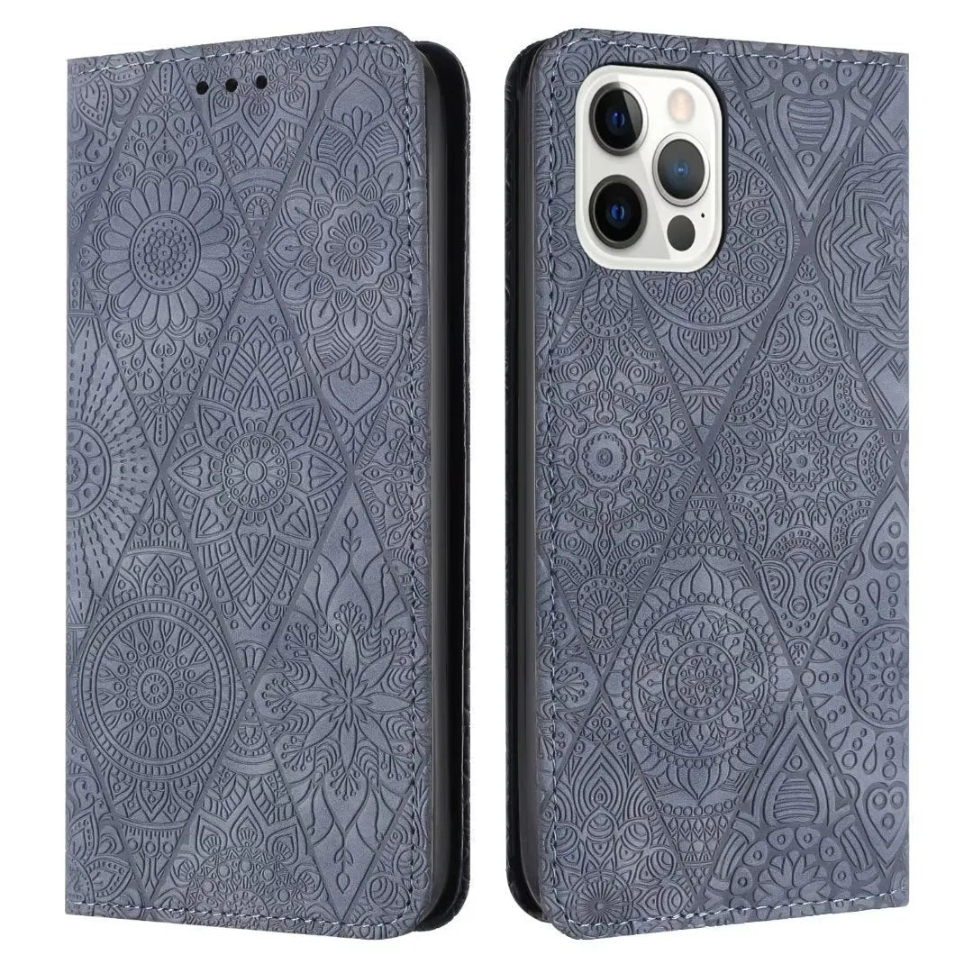 Solid colour retro embossing imitation leather phone case with built-in bracket, available for iPhone models