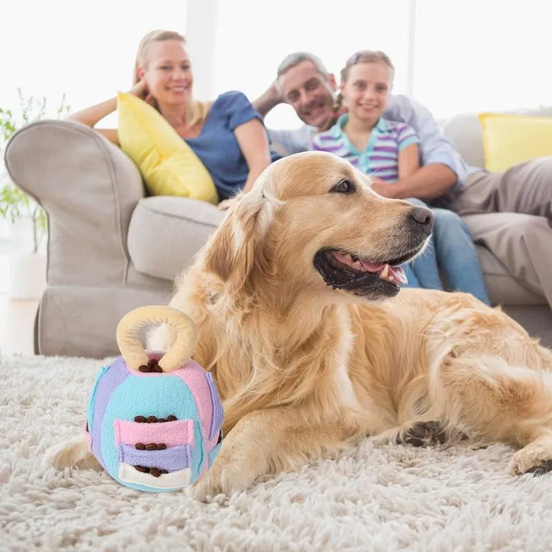 Green polyester dog squeaky plush ball toy with treat pockets