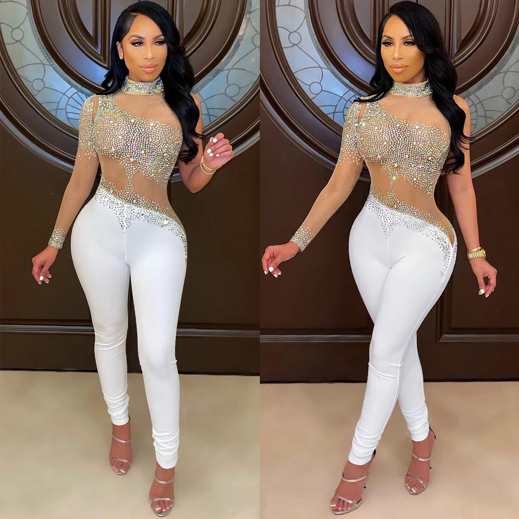 Transparent mesh milk silk one-shoulder jumpsuit with rhinestone stitching and diamond see-through details, tight fit, apricot colour