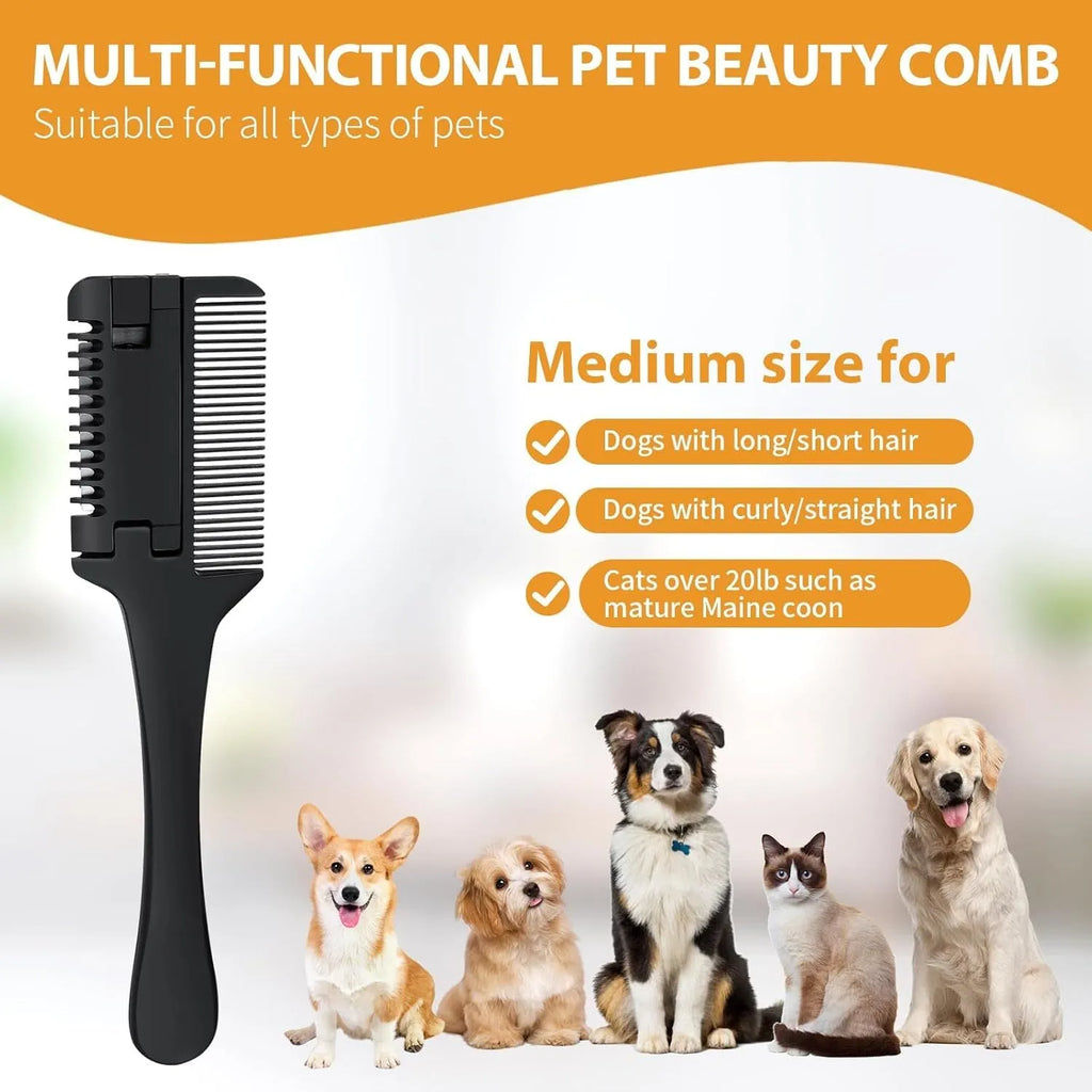 Razor comb for dogs and cats showing comb teeth and built-in blade, with packet of ten spare blades.