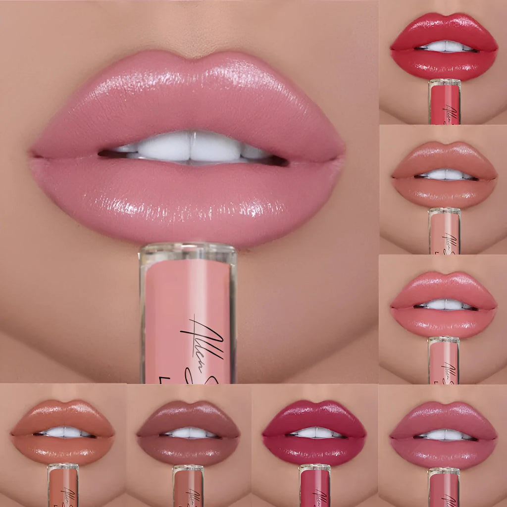 Silky cream texture lip gloss in various colours, shown with mineral ingredients and packaging.