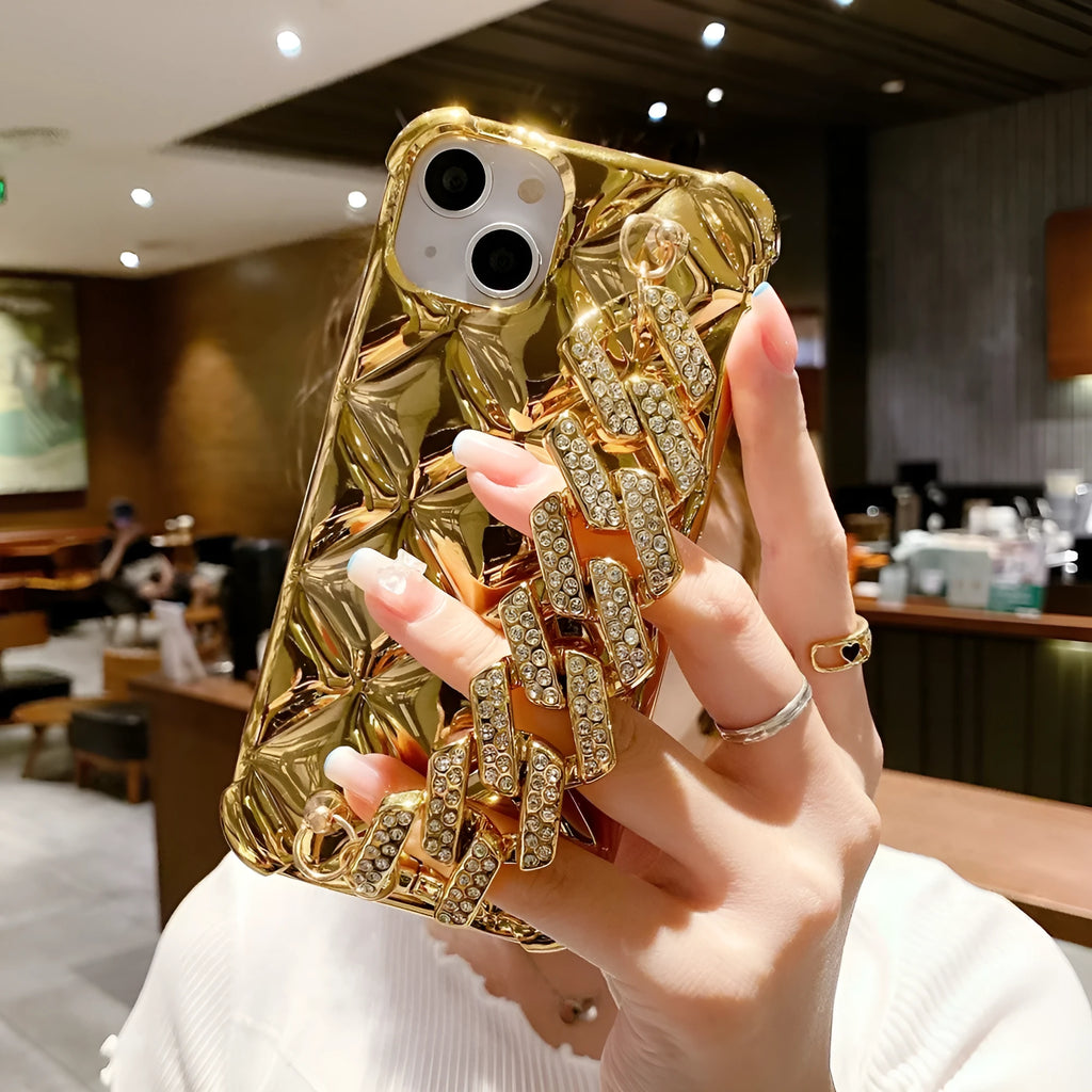 Silver iPhone case with a connected chain bracelet and a flash diamond lock clasp.