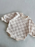Baby cotton chessboard plaid pullover jumpsuit in brown plaid, long sleeves, neutral style