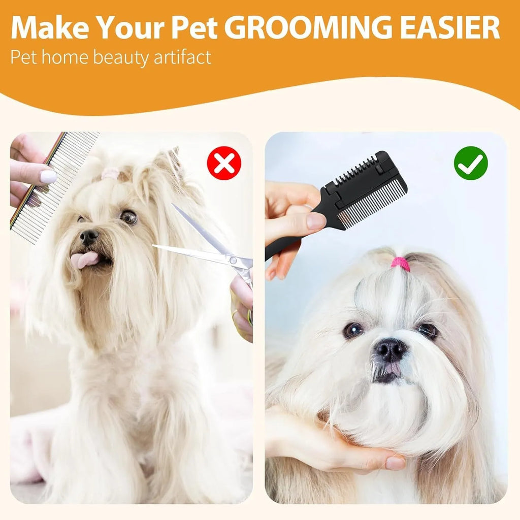 Razor comb for dogs and cats showing comb teeth and built-in blade, with packet of ten spare blades.