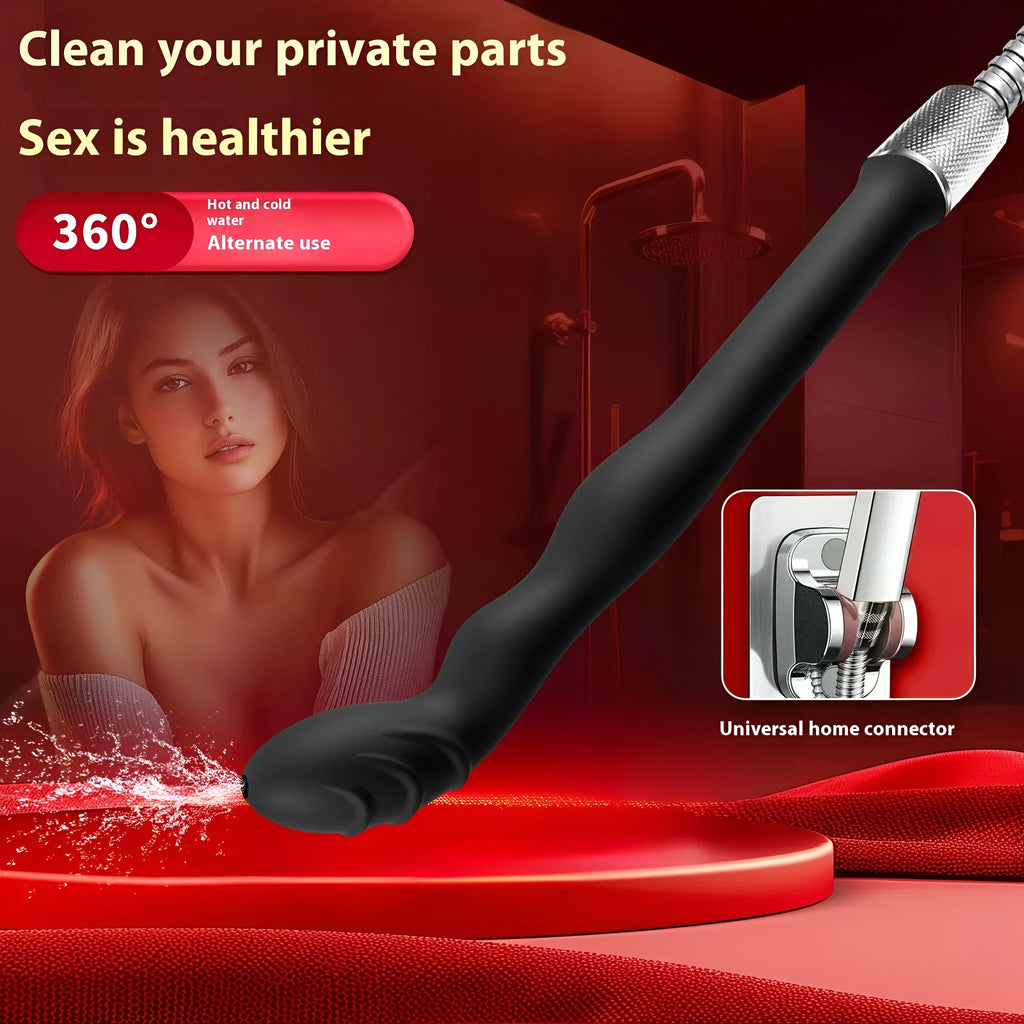 Black flexible silicone hosepipe flusher for cleaning, shown in large and small size options.