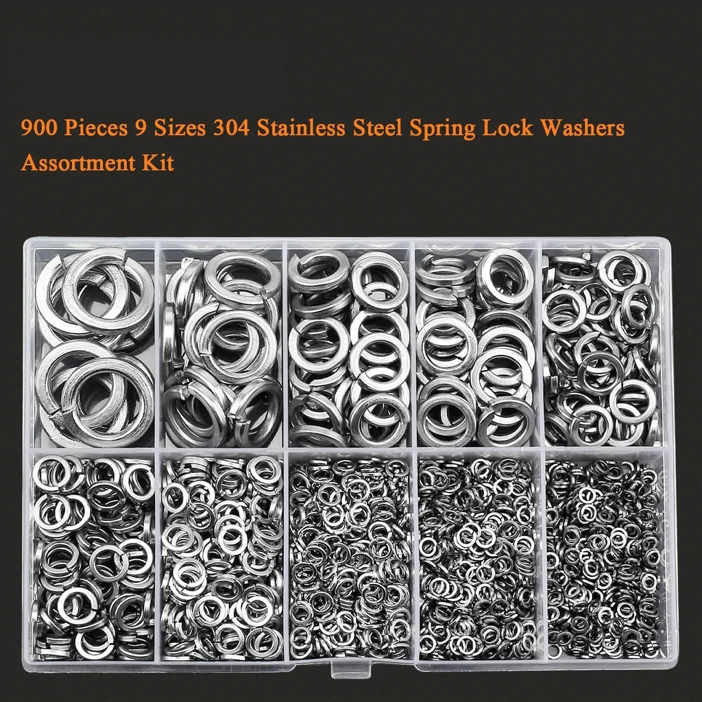 Open box showing assorted 304 stainless steel spring lock washers and a gasket tool.