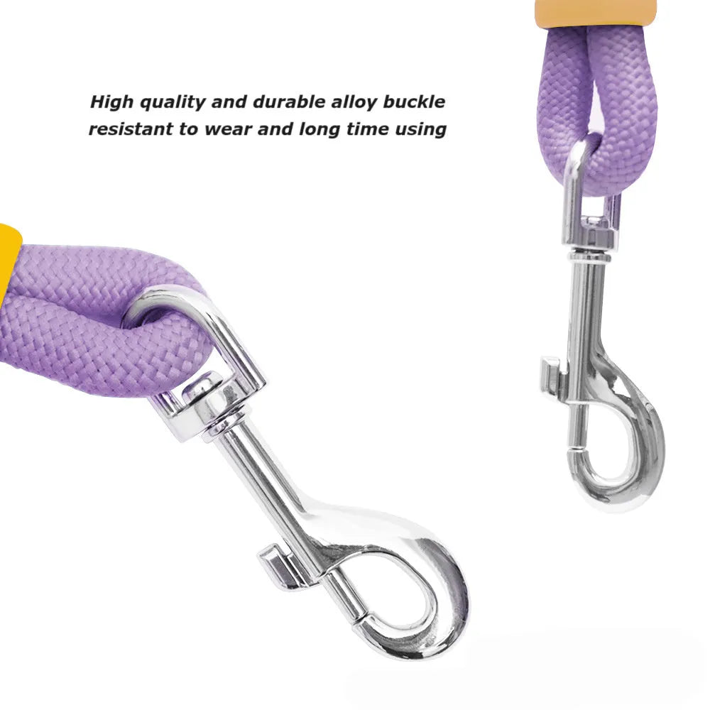 Dog traction rope leash with foam handle in four colour options: black, light purple, sky blue, yellow