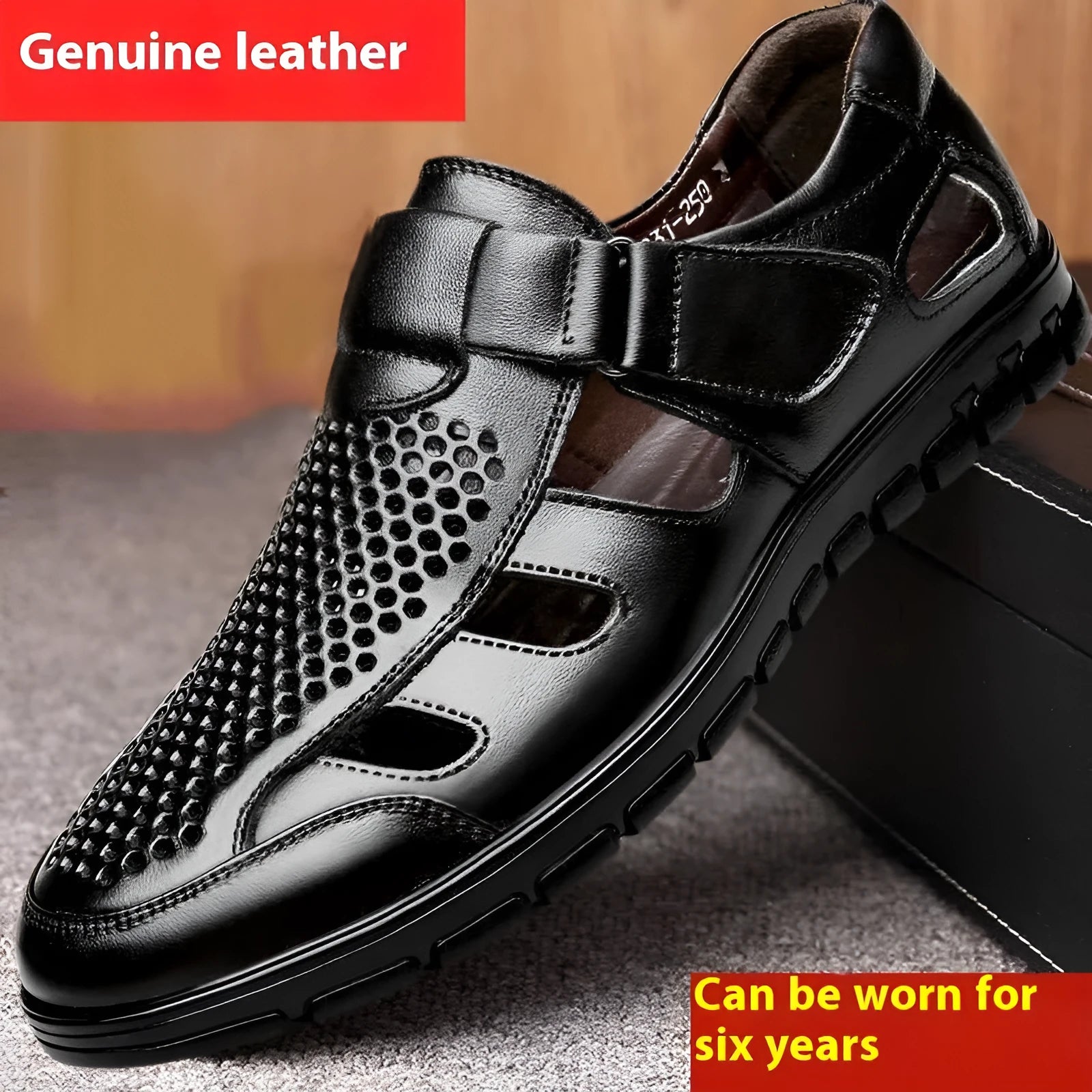 Men's black business casual sandals with hollow perforated design and Velcro fastening