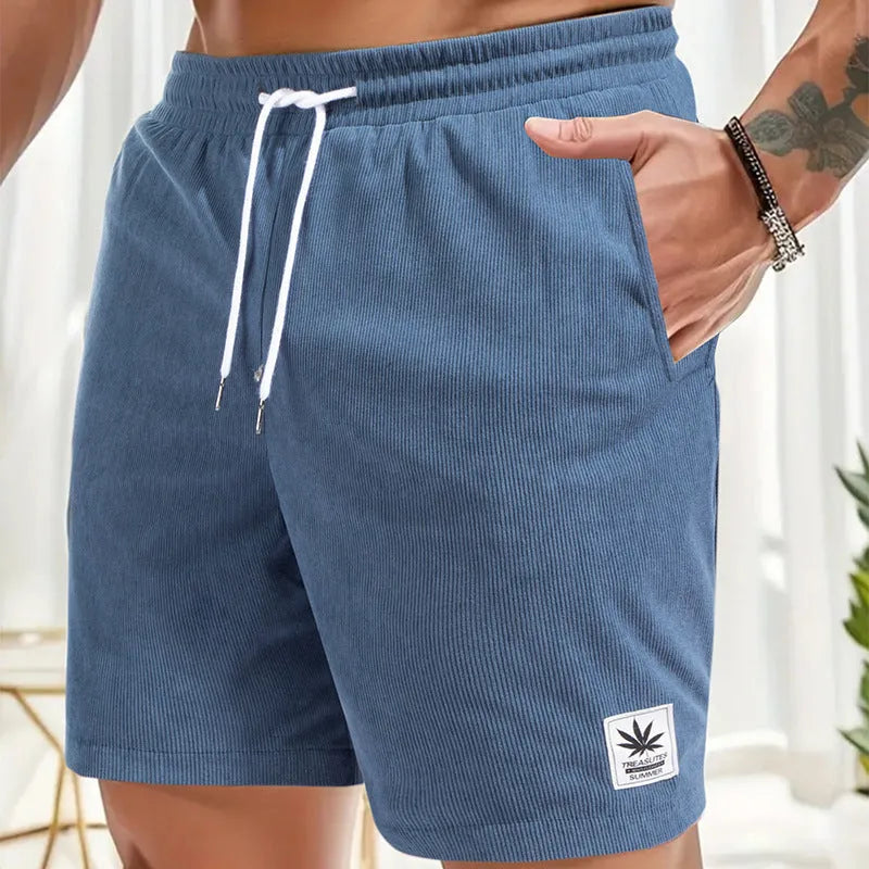 Man's pair of grey straight-leg summer shorts with a drawstring elastic waistband.