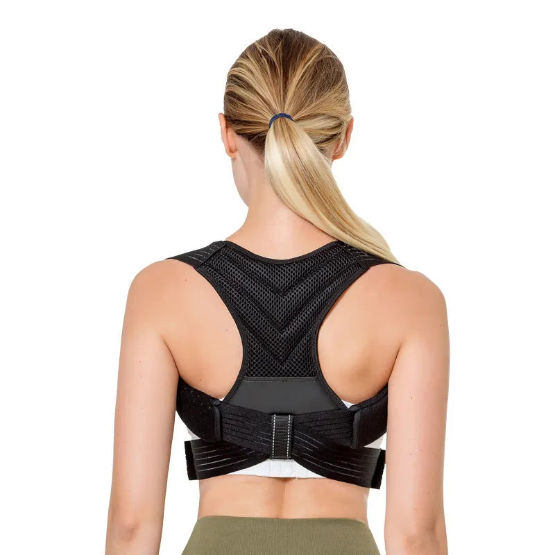 Black anti-humpback posture correction belt for back and shoulder support during sports.