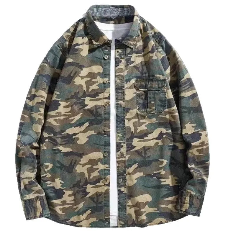 Men's retro loose camouflage jacket, long sleeve cardigan, cotton blend, Green colour