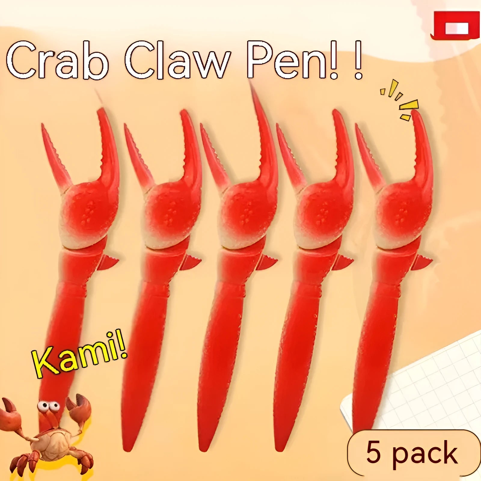 Brightly coloured plastic crab-shaped novelty ballpoint pen with movable claws.