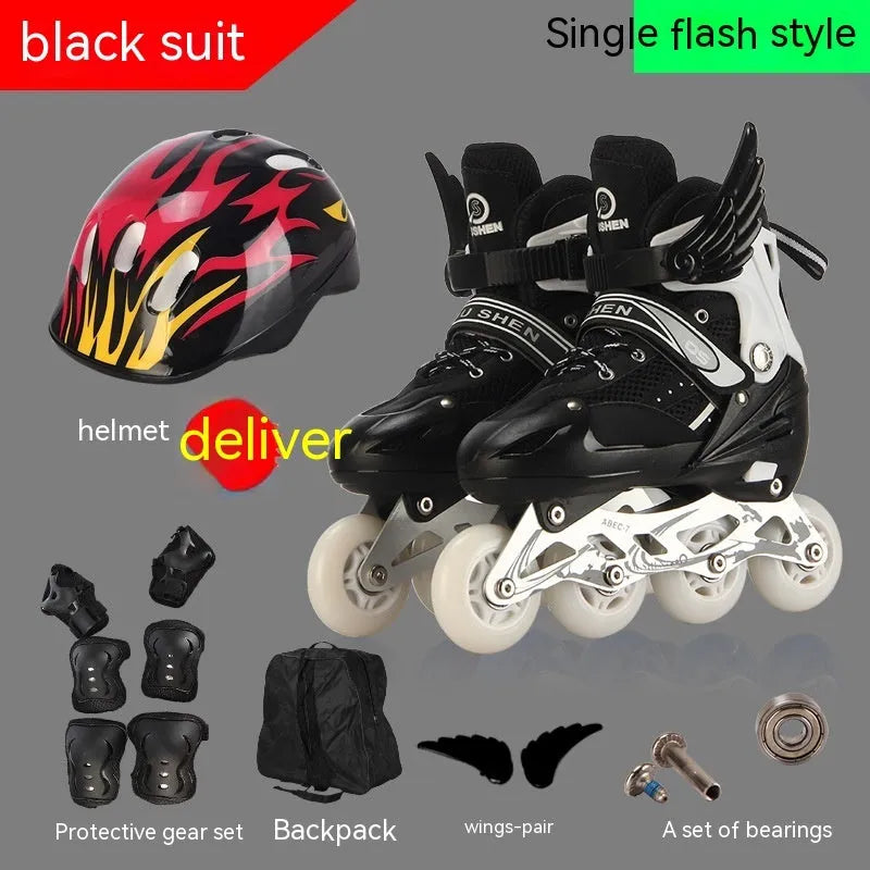 Yellow children's adjustable roller skates with aluminium frame, shown with protective gear set and backpack.