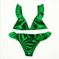 Women ice velvet ruffle bikini set in army green with built-in chest pad, soft polyethylene fibre fabric