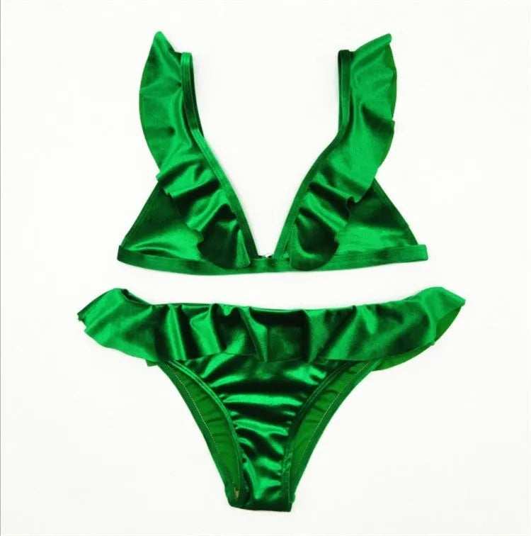 Women ice velvet ruffle bikini set in army green with built-in chest pad, soft polyethylene fibre fabric