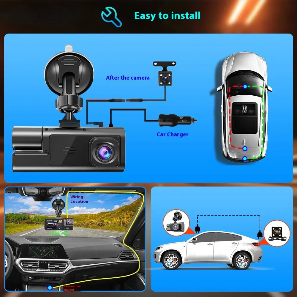 Black car dash cam with 2-inch screen mounted on windscreen, showing live reversing camera feed.