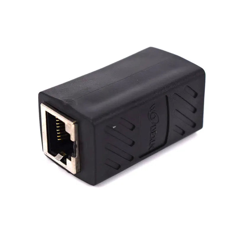 Black RJ45 rotary network cable extender adapter for joining Ethernet patch cables.