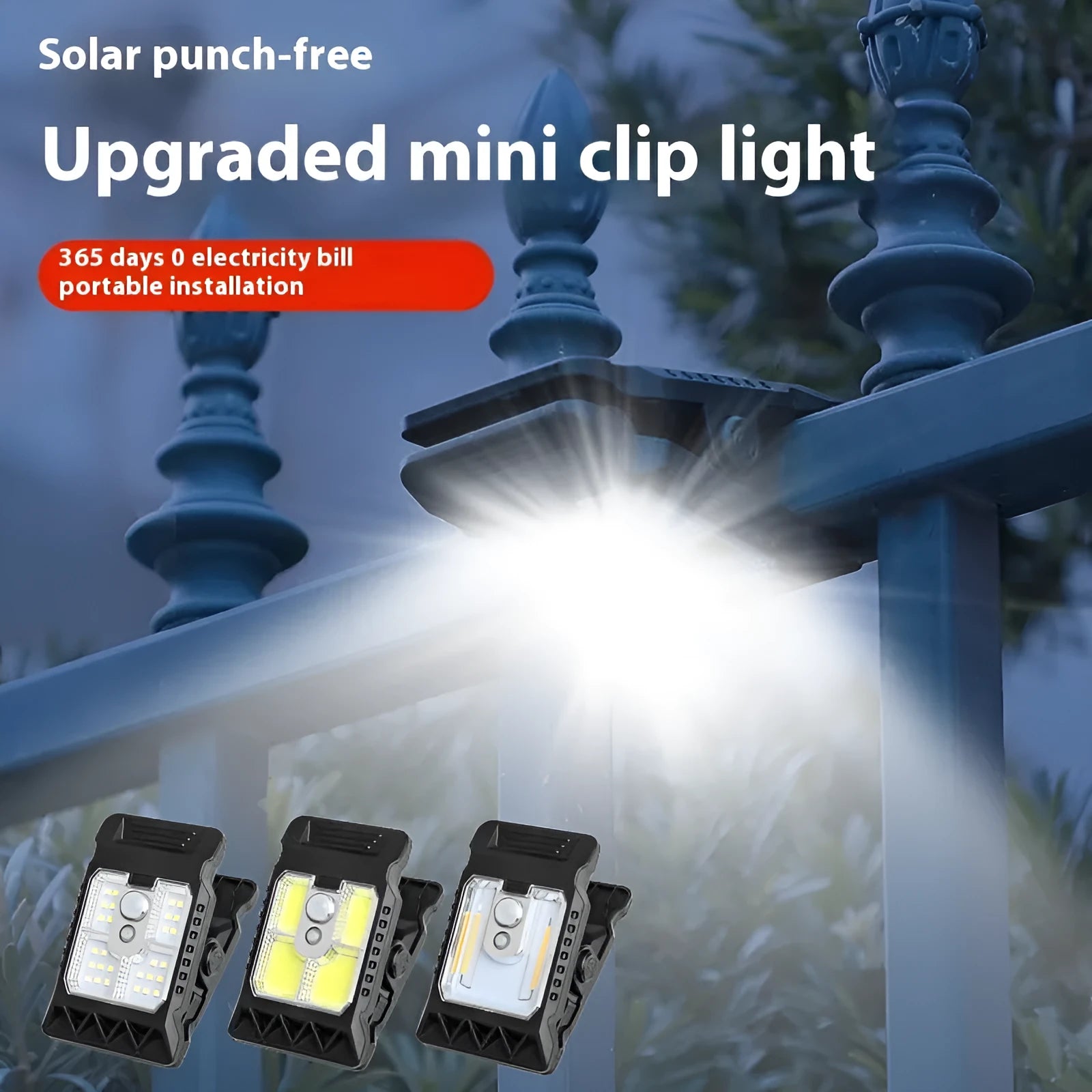 White ABS plastic motion sensor clip lamp with LED light, shown attached to a cupboard door edge.