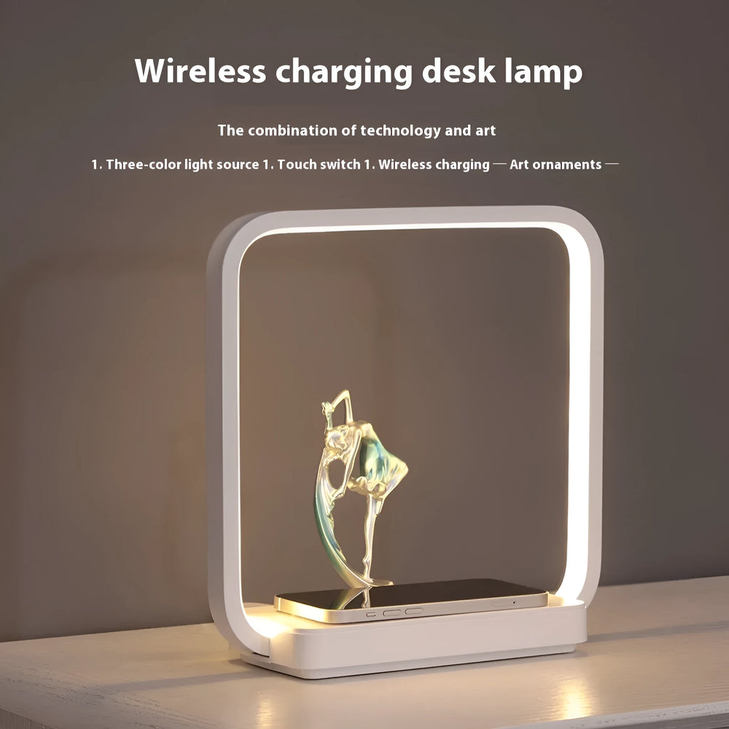 Blue atmosphere table lamp with integrated wireless phone charging pad on bedside table