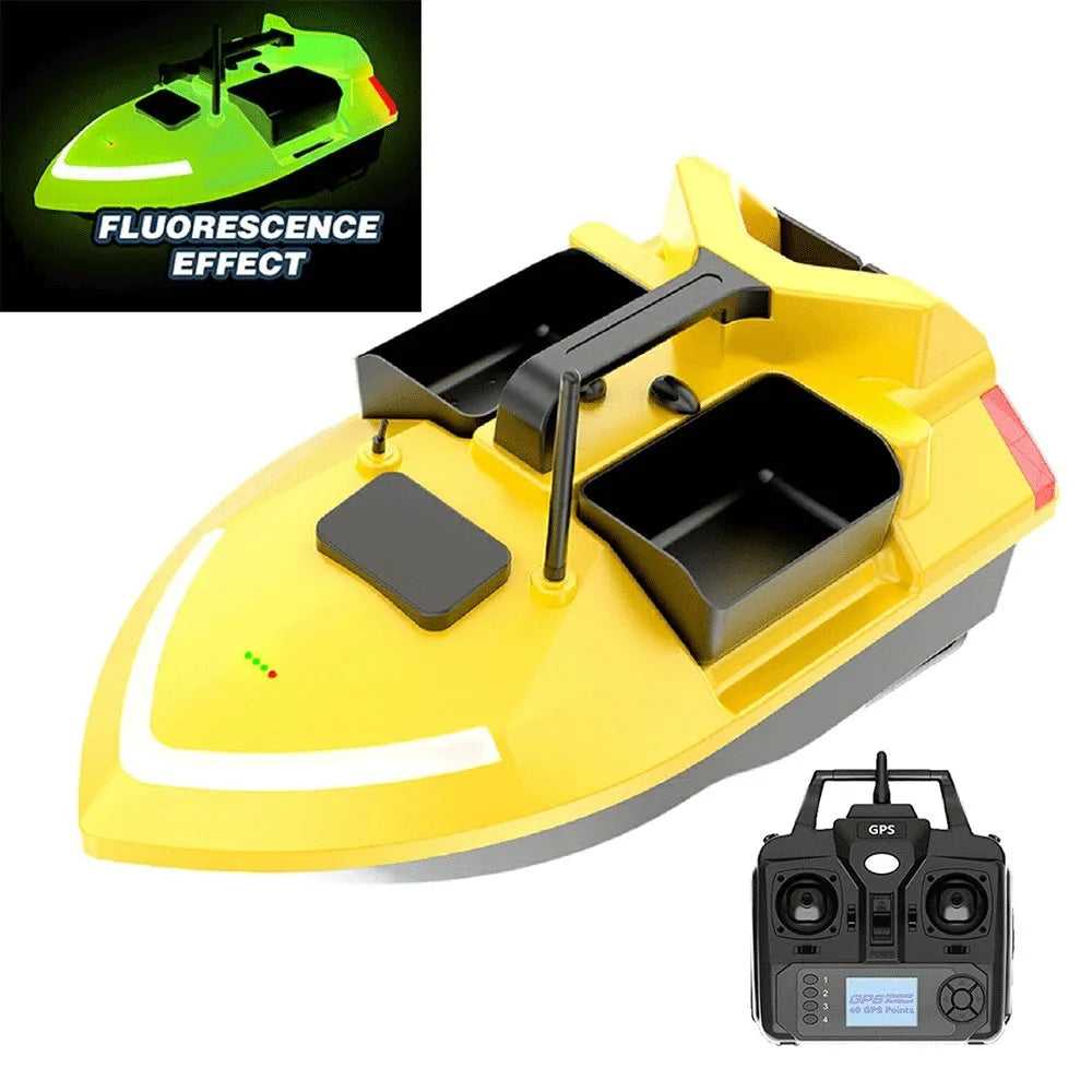 V020 black and luminous yellow remote control GPS fishing boat with handbag and transmitter on grass