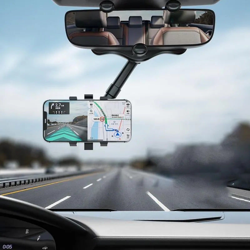 Black rearview mirror car phone holder with retractable arm and 360-degree rotating phone clamp.