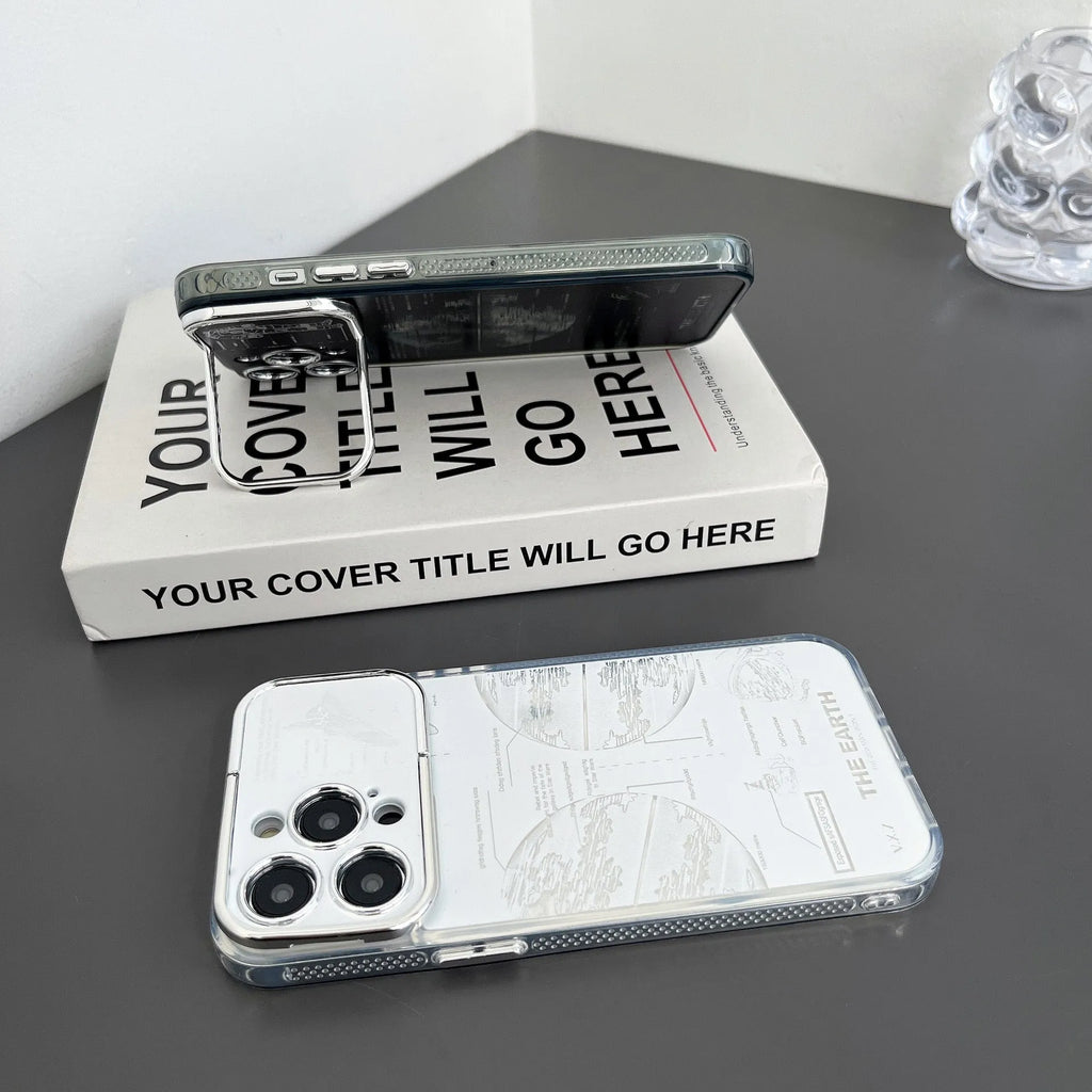 Pleated bracket TPU phone case with metal planet design for iPhone 14 Pro Max, back cover view