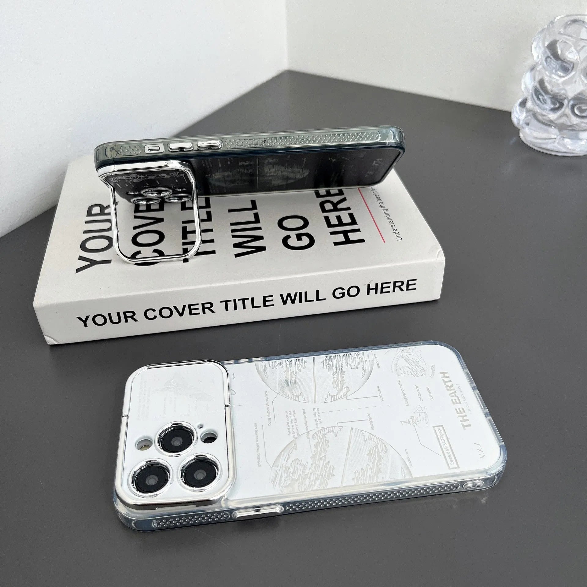 Pleated bracket TPU phone case with metal planet design for iPhone 14 Pro Max, back cover view