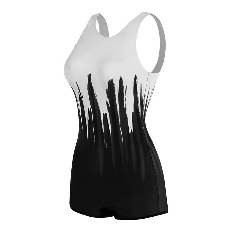 Black conservative one-piece swimsuit with printed pattern for women
