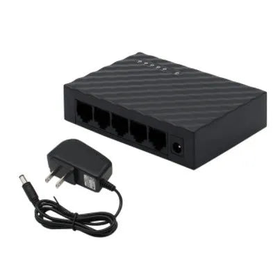 5-port Gigabit Ethernet switch in black with LED lights and RJ45 ports on front panel