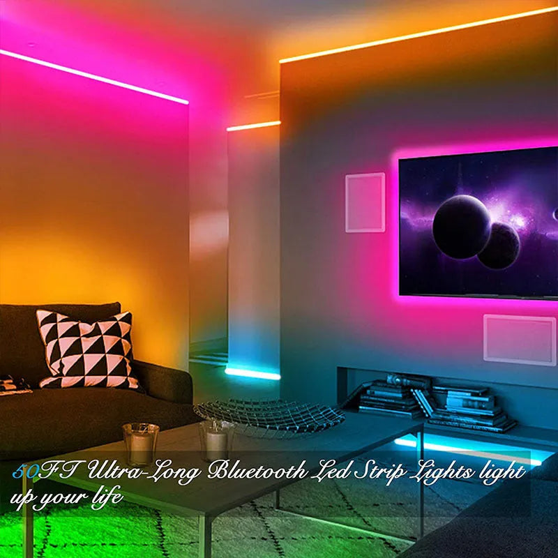 Flexible RGB LED light strip with Bluetooth remote on a 12V power supply, showing IP65 waterproof option.