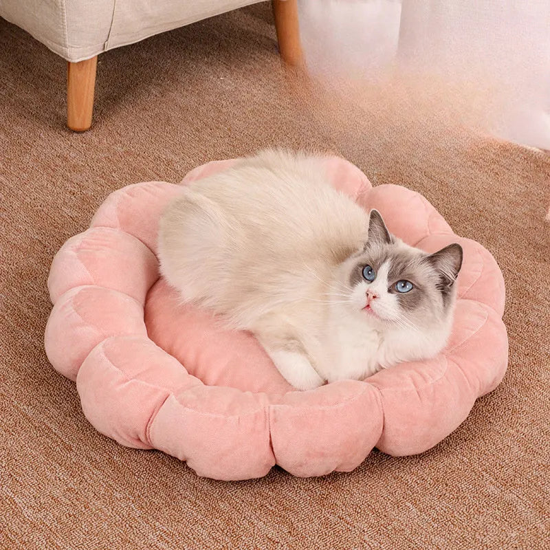 Blue petal-shaped half-surrounded pet bed with plush fabric for dogs and cats
